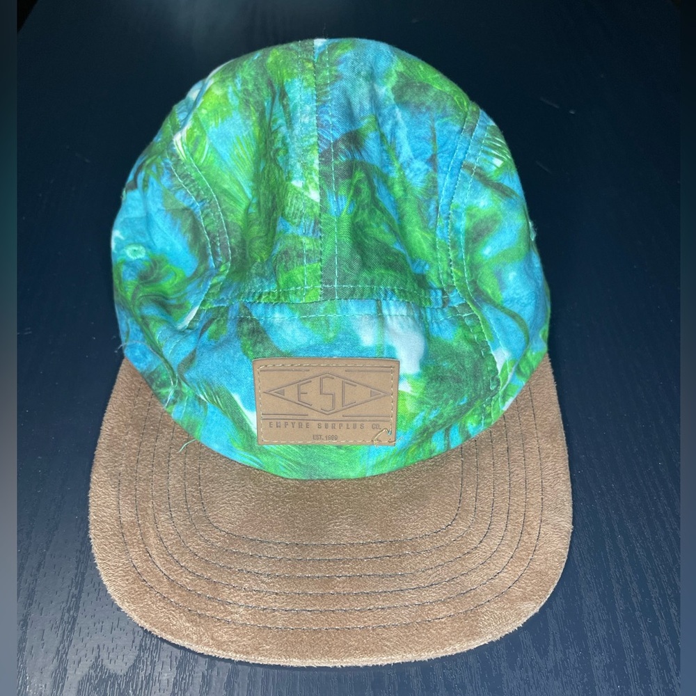 Green Blue Swirl Five-Panel Cap with Brown Suede Visor